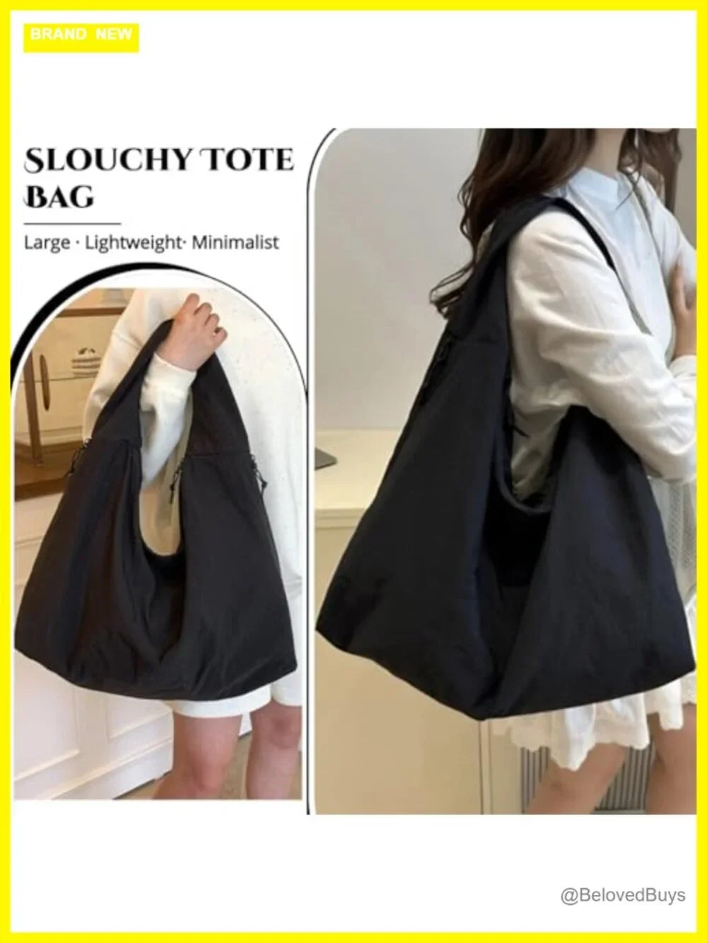 Large Nylon Slouchy Tote Bag with Multiple Pockets Shoulder Hobo Bag